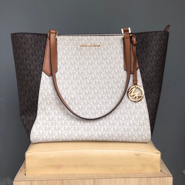 BEST SELLER - Michael Kors Kimberly Top Zip Tote Brown MK Vanilla Signature