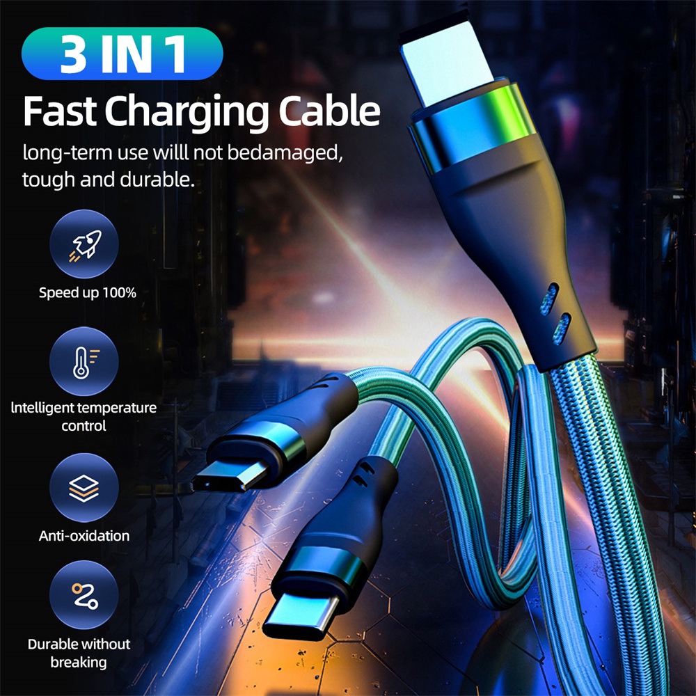 3 in 1 Kabel Data / Charger Micro USB / Type C / Lightning 100W 6A Fast Charging Model Kepang