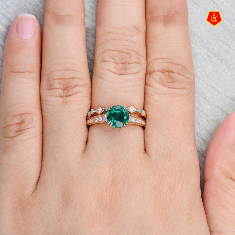 [Ready Stock]New Inlaid Emerald Ring 14K Rose Gold Elegant Graceful