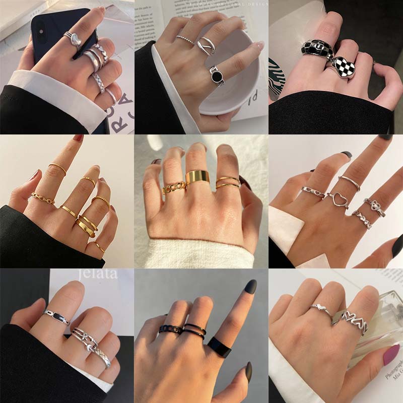 8pcs / Set Cincin Model Terbuka Adjustable Desain Hati Butterfly Aksen Batu Hitam Untuk Wanita