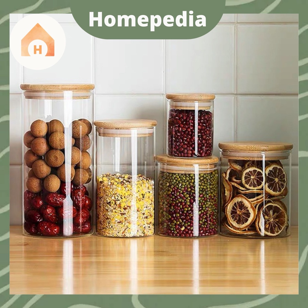 Toples Bening Tutup Kayu Estetik Aesthetic Makanan Ringan Snack Toples Bumbu / Snack Jar Kaca Borosi