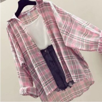kemeja wanita Korea plaid shirt oversize retro panjang lengan semua pertandingan-1592Merah Jambu