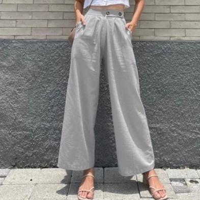 HOPYLOVY Celana Kulot Wanita Katun Linen Double Button Jemima / Celana Panjang Wanita Polos-ABU