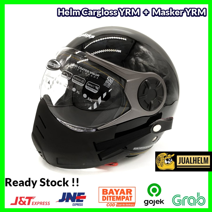 Paket Helm Cargloss YRM Black Glossy + Masker PU YRM ( Mask / Bogo / Retro / Vespa / Klasik )