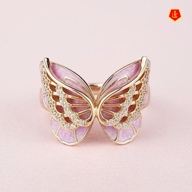 [Ready Stock]Diamond Pink Butterfly Ring 18K Rose Gold Simple Sweet