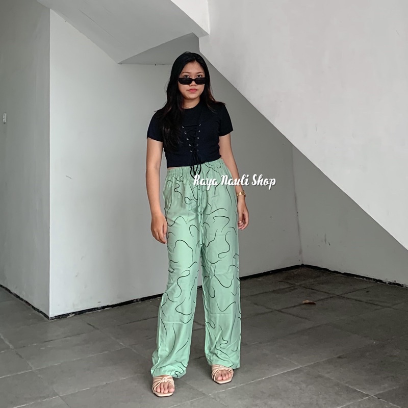 Kulot Motif Bali Rayon Premium-Kulot Garis Mint