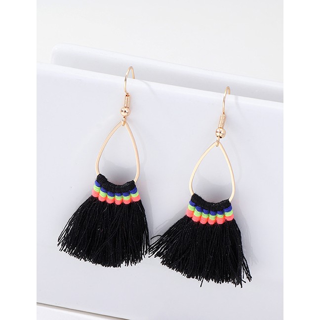 LRC Anting Gantung Fashion Black Fan-shaped Tassel Earrings F40692