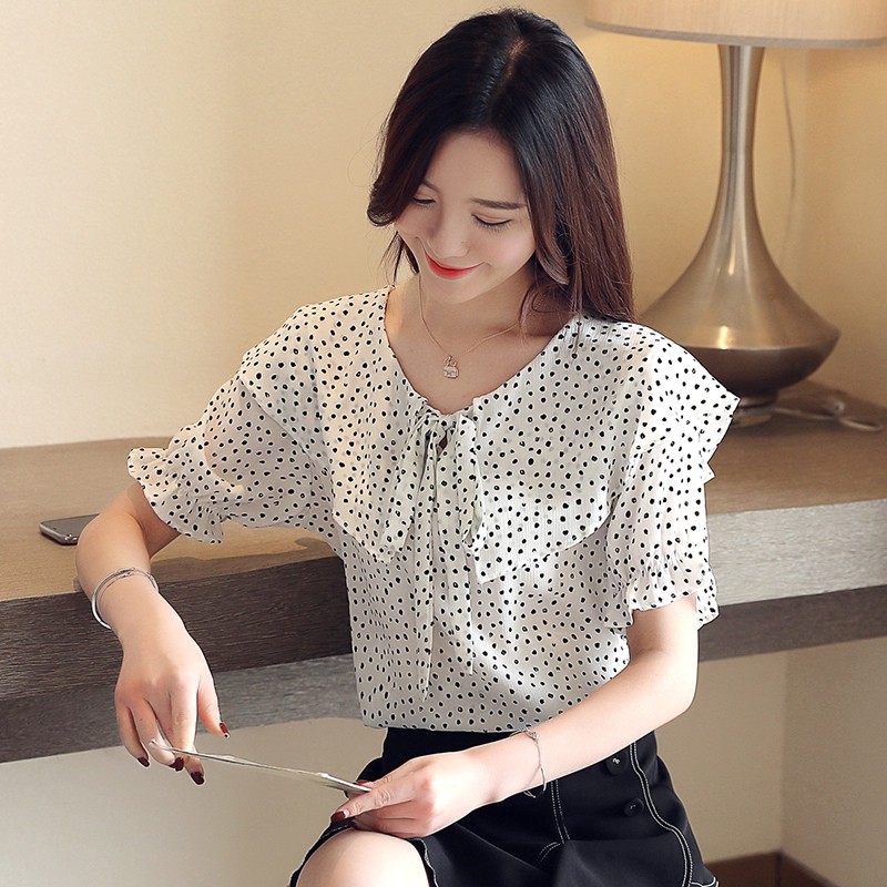 model terbaru blouse Model V-Neck Lengan Pendek Warna Merah Putih Bahan Sifon  Wanita