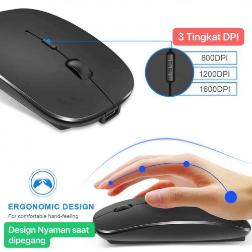 MOS-004 2.4G Wireless Mouse Rechargeable Baterai pakai cas, Design Thin Tidak Berisik Silent Mute