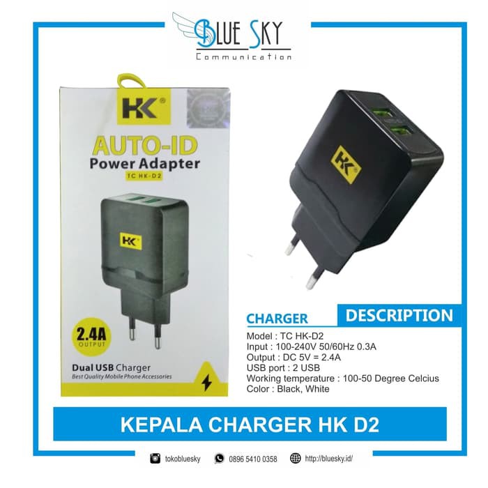 KEPALA CHARGER BATOK HK D2 DUAL USB MURAH