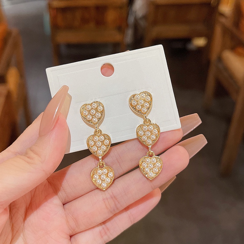 Anting Gantung Panjang Model Hati Dengan Mutiara Bahan silver 925 Untuk Wanita