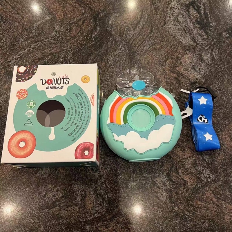 Botol Air Minum Anak TK SD Unik Bentuk Donat Portable Dengan Sedotan dan Tali Anak Cewek Perempuan-Mint