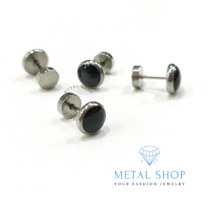 Anting Titanium Pria Wanita Anti Karat Warna Silver Kombinasi Hitam