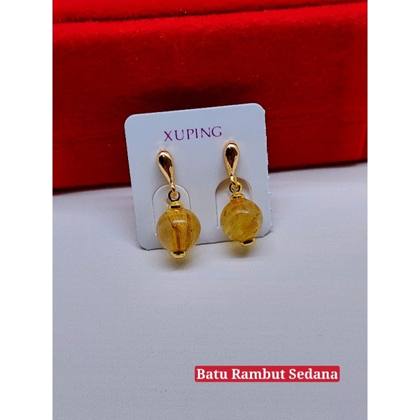 anting wanita xuping batu giok dan rambut sedana asli lapis emas-XP302#~rambut sedana