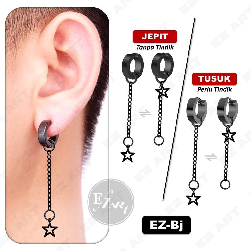 1Pc EZ-Bj Anting Bintang Hitam Pria Wanita Jepit Tusuk Kombinasi Rantai Panjang Stainless