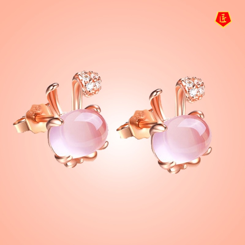 [Ready Stock]Pink Crystal Rabbit Silver Stud Earrings for Women