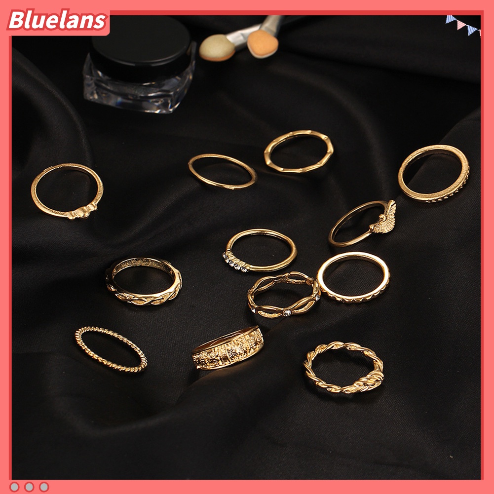 Bluelans 12Pcs Lady Retro Twisted Carved Knuckle Finger Rings Rhinestone Ring Set Jewelry