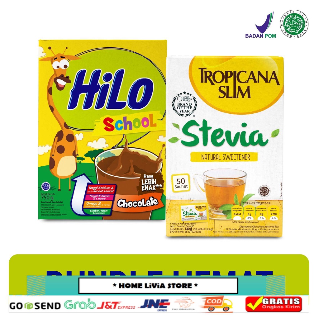 

HiLo School Chocolate 750 gr & Tropicana Slim Stevia Natural Sweetener 130 gr 50's