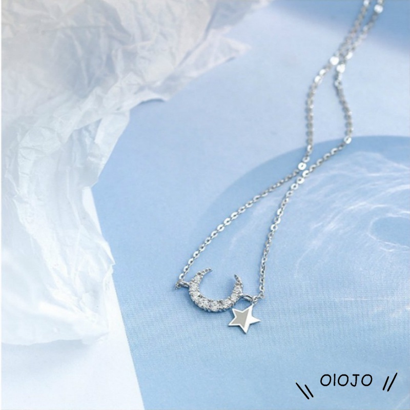 【COD】Kalung Rantai Sterling Silver Dengan Liontin Bulan + Bintang Untuk Wanita