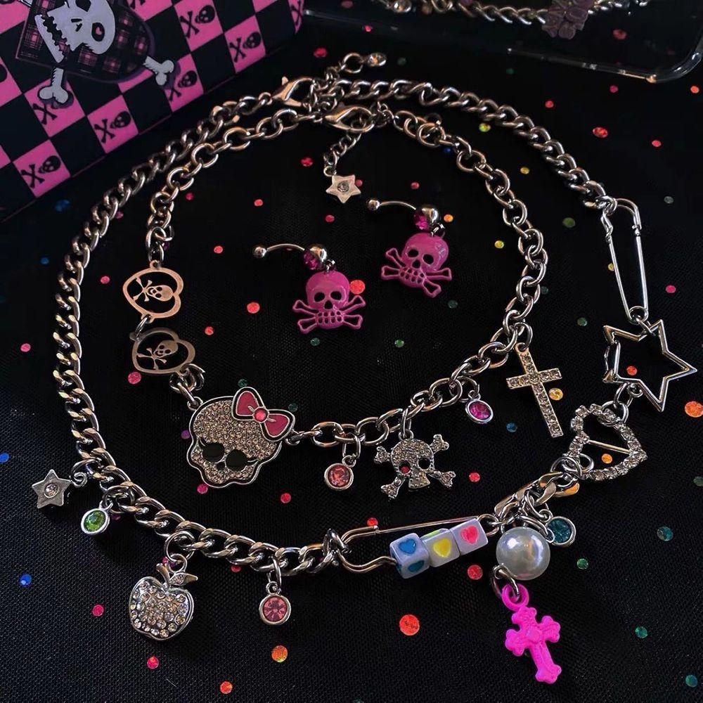 Mxbeauty Y2K Kalung Tengkorak Punk Populer Liontin Kalung Pin Fashion Perhiasan Skeleton Baja Titanium Kristal Pusar Kuku