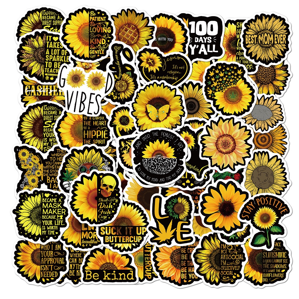 100pcs Sunflower Pattern Waterproof Pvc Sticker Yellow Color for Laptop/Refrigerator/Luggage