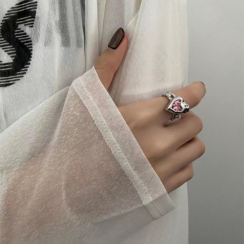 IFYOU Cincin Silver Hias Batu Permata Warna Pink Gaya Korea Untuk Wanita