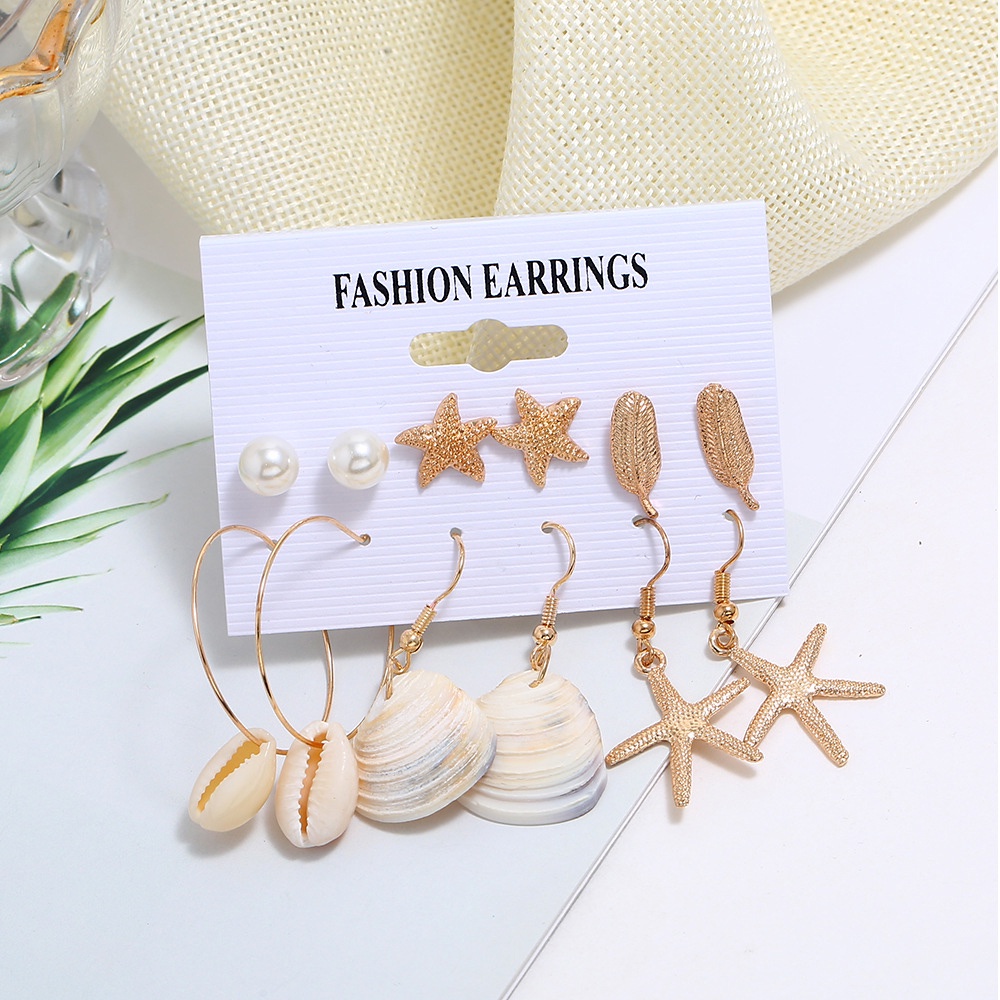 6 Pasang Anting Tusuk Motif Bintang Laut / Kerang / Mutiara Untuk Wanita