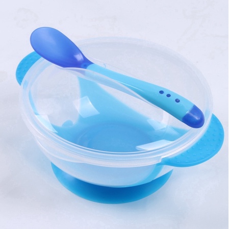 Mangkok + Sendok Makan Bayi Sensor Panas / Mangkuk Tempat Makan Bayi Anti Tumpah - SET MANGKOK MAKAN ANAK BAHAN SILIKON (BPA FREE)