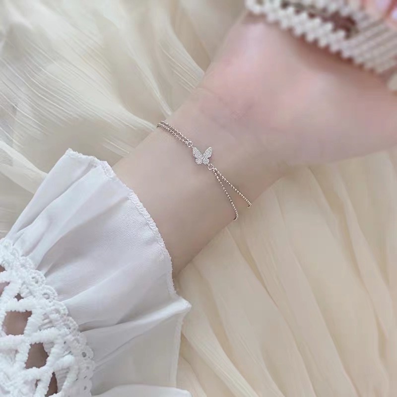 YEEZII Gelang Choker Rantai Ganda Hias Kupu-Kupu Kristal Gaya Elegan Untuk Wanita