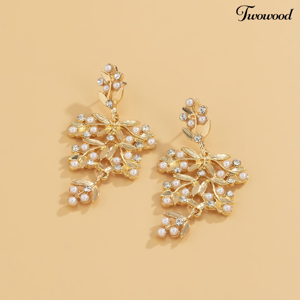 Twowood 1 Pair Big Leaves Shape Stud Earrings Hollow Alloy Faux Pearl Rhinestone Women Earrings Wedding Jewelry