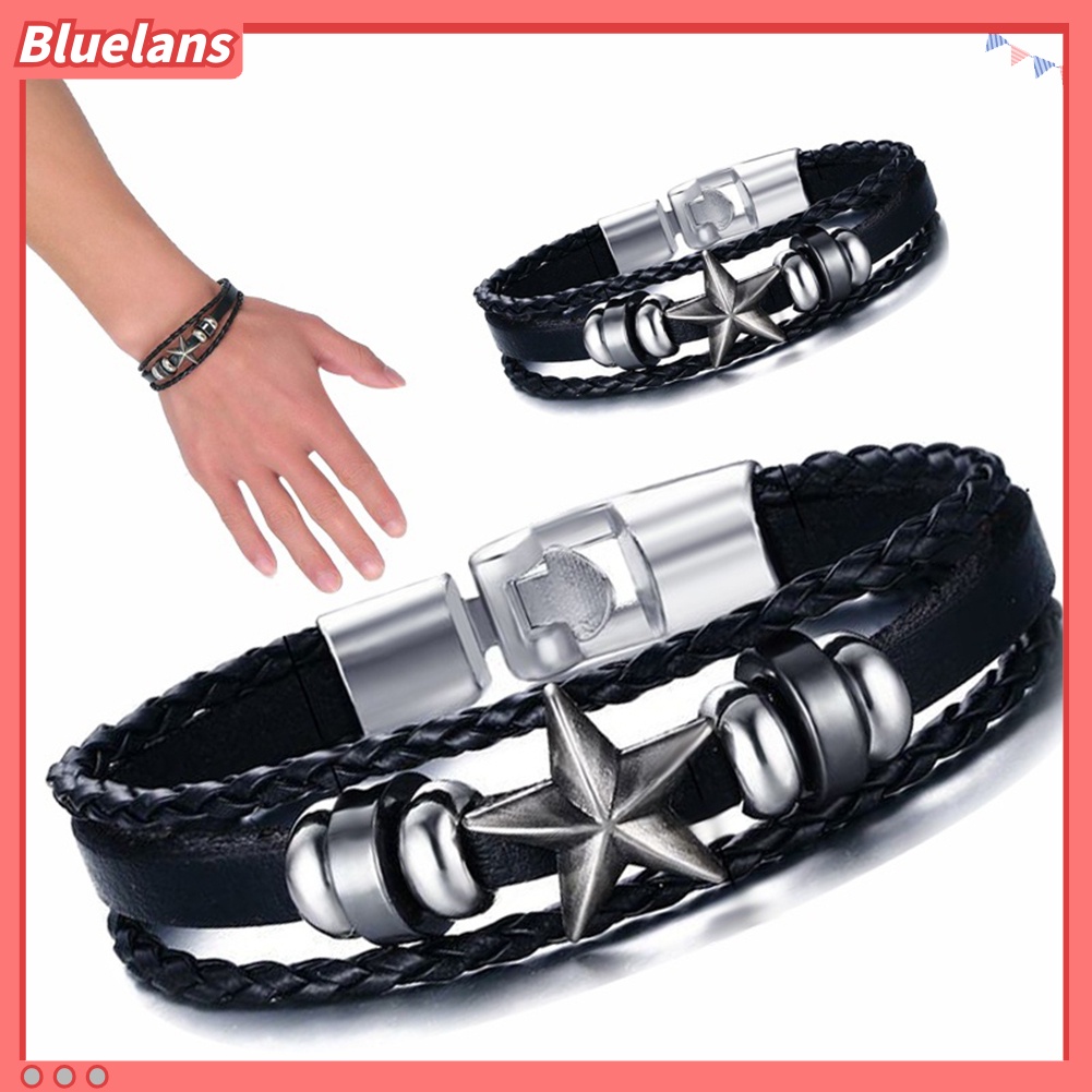 Bluelans Men Punk Star Alloy Charm Multilayer Braided Faux Leather Bracelet Jewelry