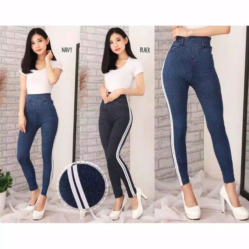 New legging motif jeans import tebal hitam list putih