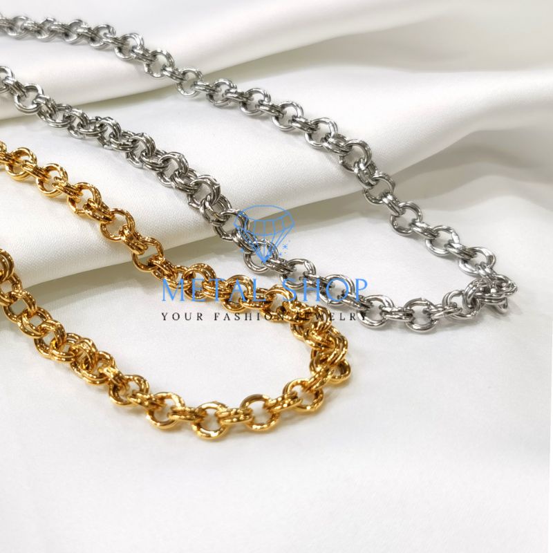 Kalung Titanium Pria Wanita Anti Karat Warna Emas Silver Model Rantai Ring Panjang 45CM