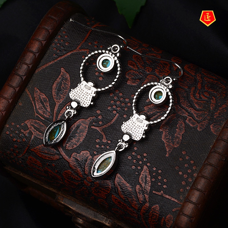 [Ready Stock]Creative Retro Silver Inlaid Turquoise Earrings