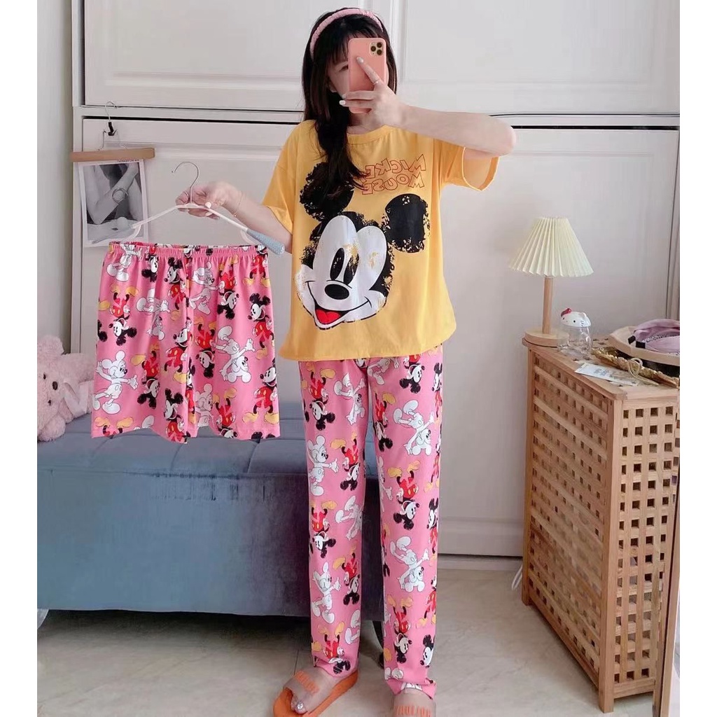 Setelan Piyama Import 3in1 VIRAL | Set Pajamas Baju tidur 3 in 1 Impor Lengan Pendek Celana Panjang dan Pendek