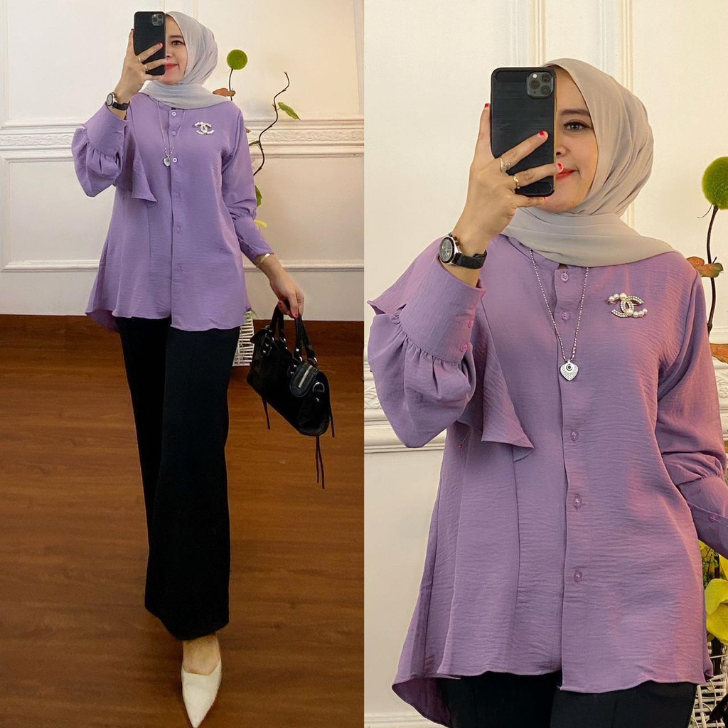 Kemeja Wanita Bahan Katun Crinkle Terbaru Kekinian Rampel Satu Lengan-2