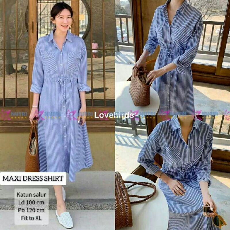 Maxi Dress Shirt blue biru long tunik salur wanita bahan Katun salur motif garis murah terbaru daily