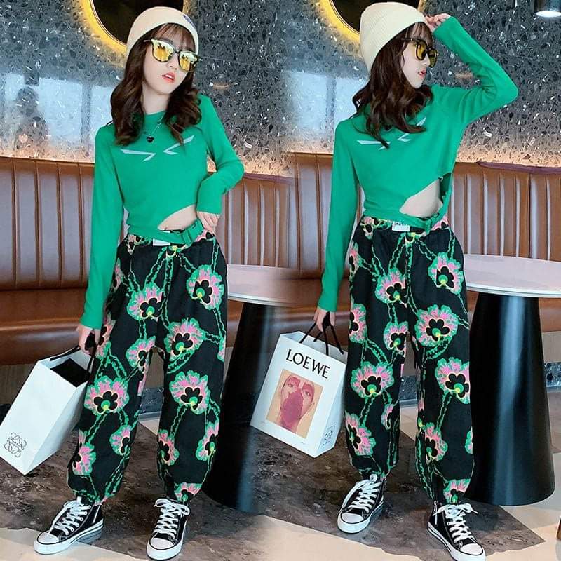 Setelan Remaja Perempuan Crop Top Fashionable Flower Green