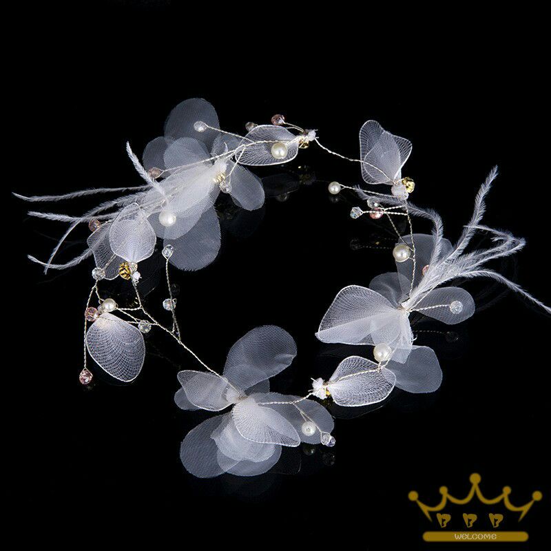 Headband Bando Putih Bulu Feather Hiasan Rambut Mahkota Kepala Pernikahan Wedding Party