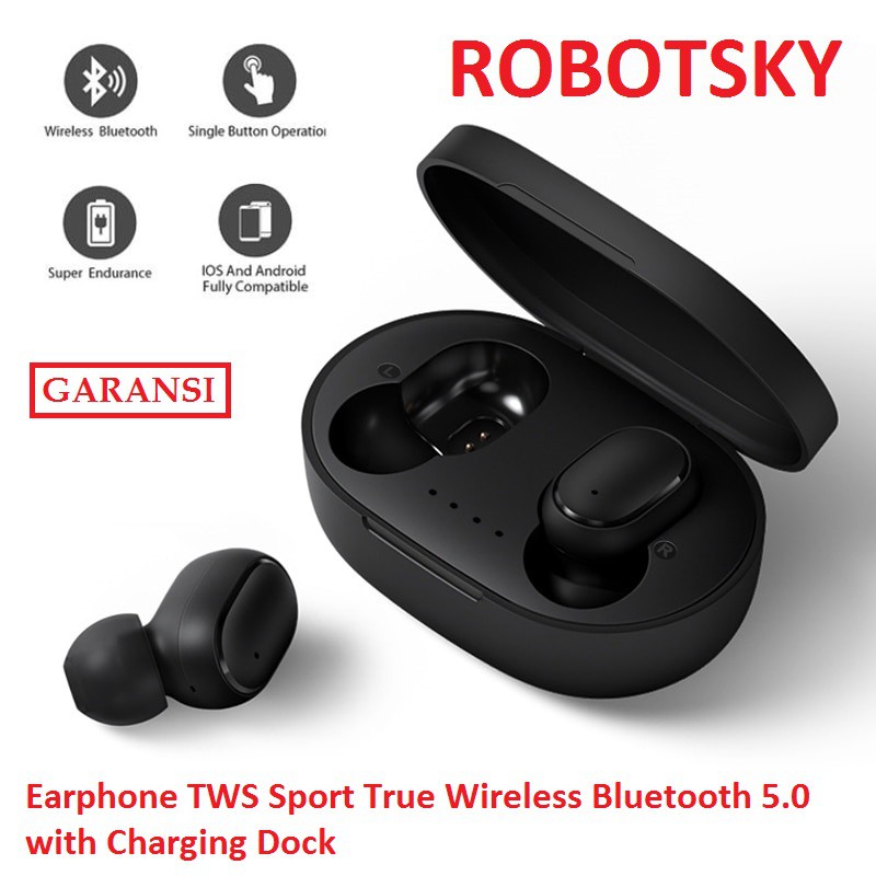 Earphone TWS Sport True Wireless Bluetooth 5.0 with Charging Dock - Robotsky - A6S - Black - headset