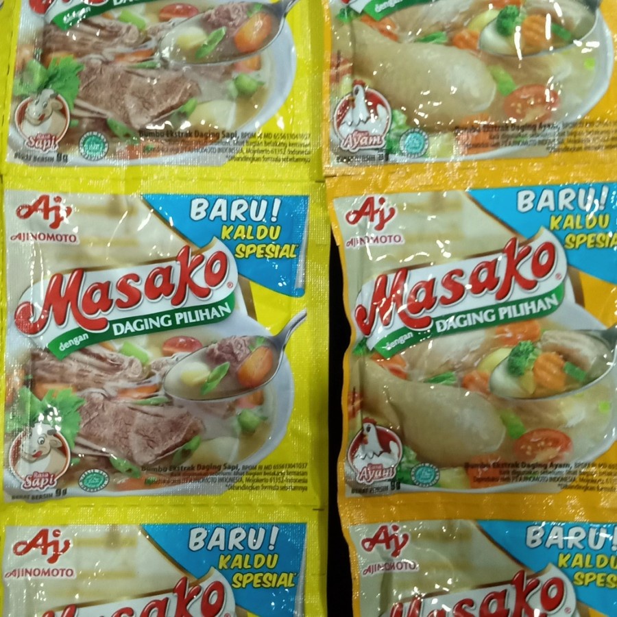 

Masako ayam sapi 1 renteng isi 12 bungkus @ 9 gram kaldu rasa