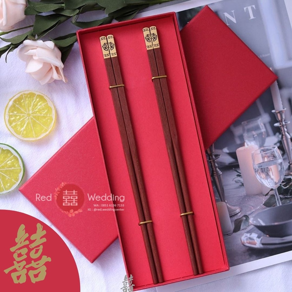 SET GIFT BOX Sumpit  Wedding Shuang Xi Bahan Kayu Premium Gift Set