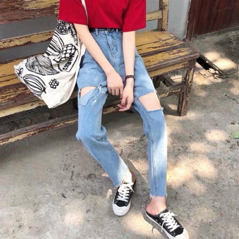 RIPPED JEANS IMPORT HIGHWAIST CELANA PANTS DENIM HW WANITA CEWEK BAGGY UNFINISH MX801