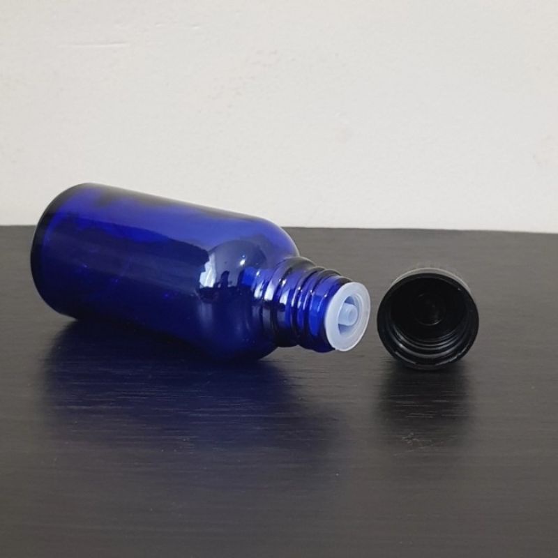 botol kaca 30ml tebal biru tutup filler hitam