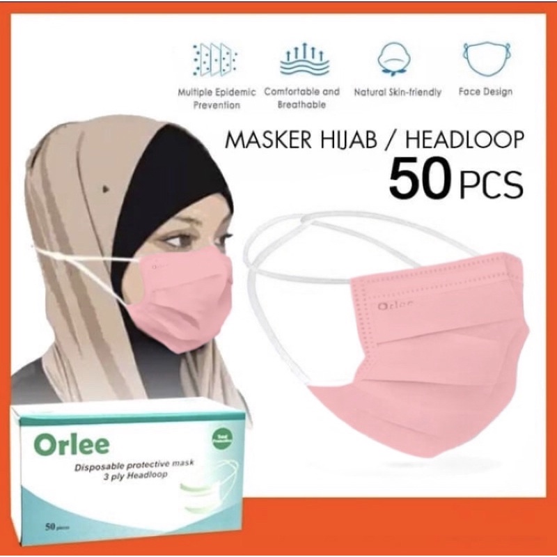 Masker 3ply Headloop Hijab Orlee Original Disposable kemenkes Pink isi 50