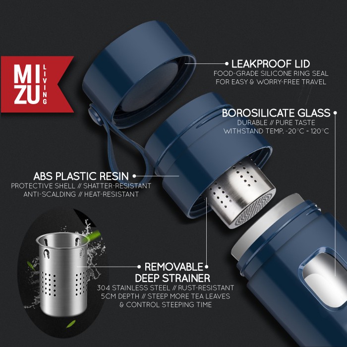 RYOKU-CHA Glass Water Bottle Botol Air Minum Kaca Tumbler 600ml Saringan Teh Infused Water BPA-Free-1