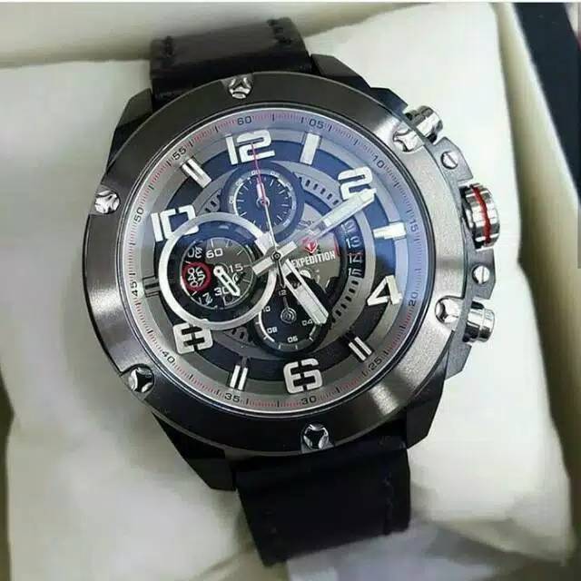 Jam Tangan Pria Expedition kulit Black EXP6752 Original