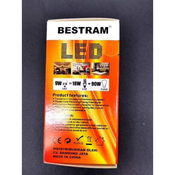 Lampu Led 9w Bestram, warna bolam putih 6500K,garansi 1 tahun, model capsul