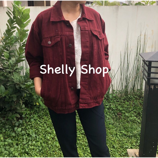 Jaket jeans oversize maroon big size jumbo