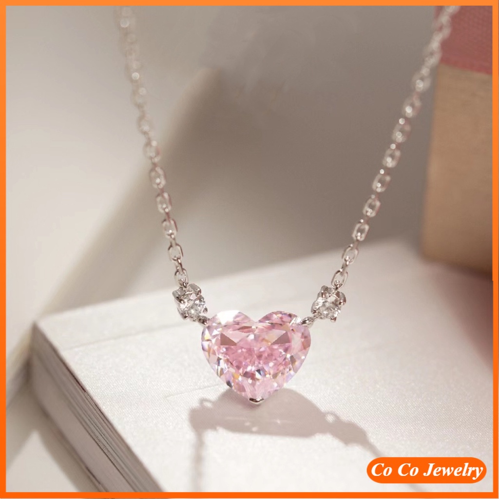 Kalung Rantai Liontin Hati Hias Kristal Zircon Warna Pink Gaya Korea Untuk Wanita